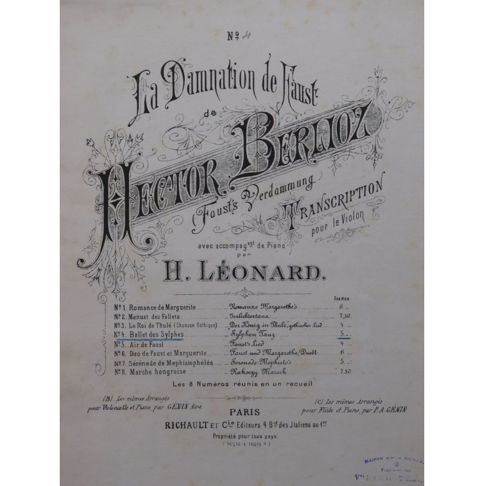 BERLIOZ Hector La Damnation de Faust No 4 Piano Violon ca1882