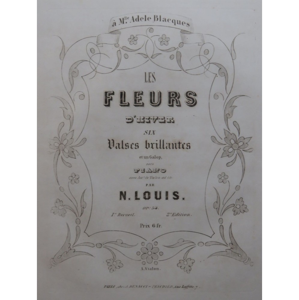 LOUIS N. Les Fleurs d'Hiver Six Valses Brillantes Violon Piano ca1860
