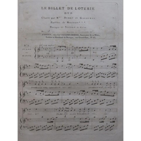 ISOUARD Nicolo Le Billet de Loterie No 1 Chant Piano ou Harpe ca1810
