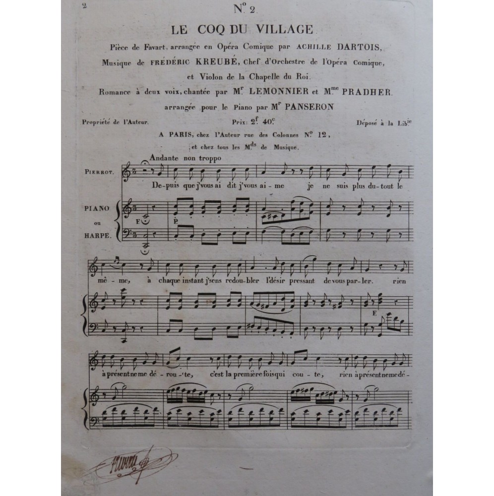 KREUBÉ Frédéric Le Coq du Village No 2 Signature Chant Piano ou Harpe ca1825