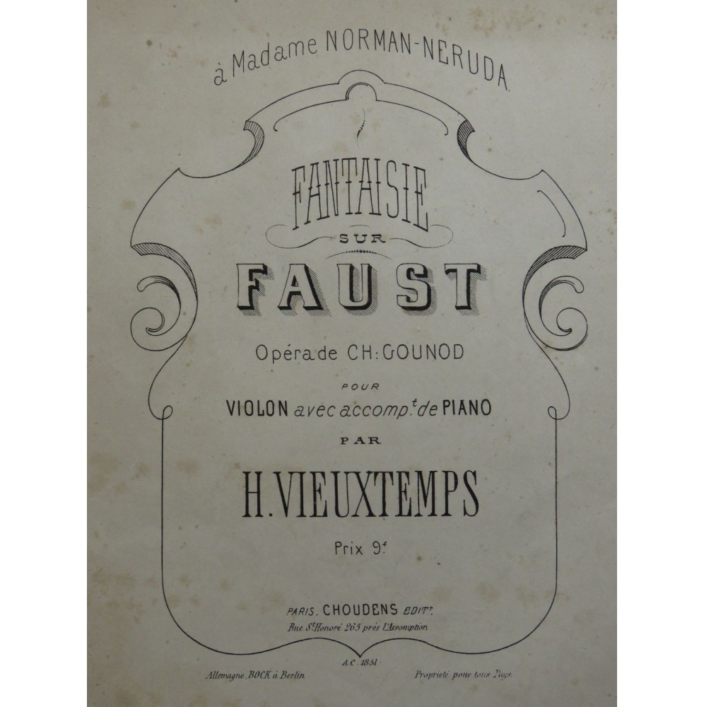 VIEUXTEMPS Henri Fantaisie sur Faust de Gounod Piano Violon ca1870