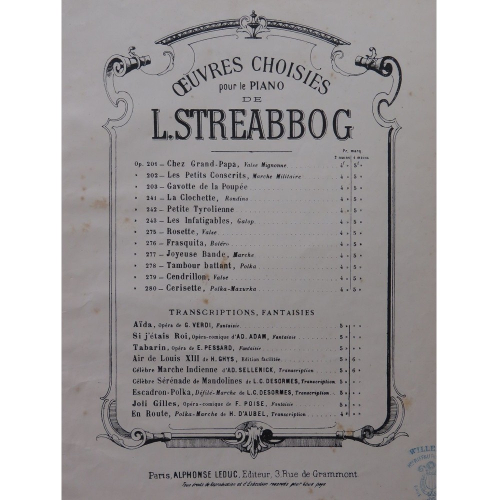 STREABBOG Louis Célèbre Marche Indienne Transcription Piano ca1885