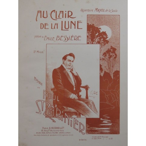MARINIER Paul Au Clair de la Lune Chant Piano ca1895