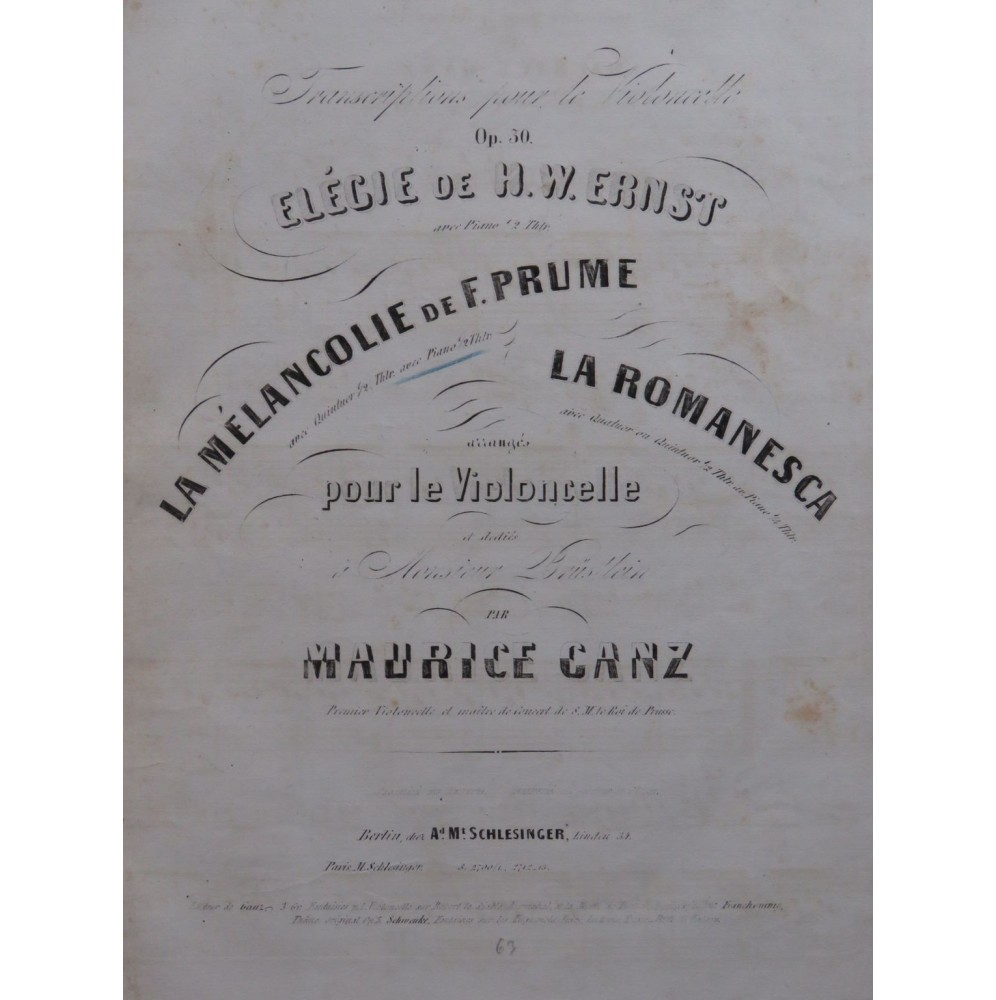 GANZ Maurice La Mélancolie de Fr. Prume Piano Violoncelle ca1842