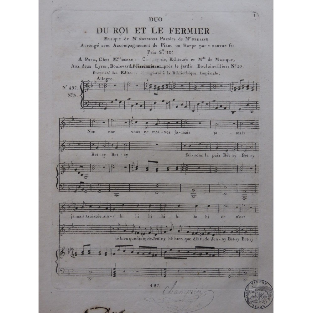 MONSIGNY P. A. Le Roi et le Fermier No 3 Chant Piano ou Harpe ca1810