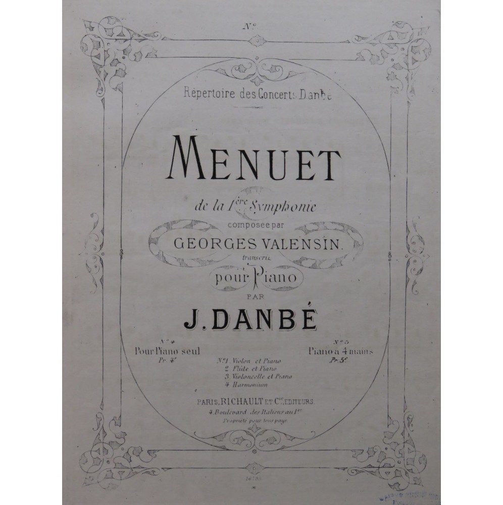 VALENSIN G. Menuet de la 1ère Symphonie Piano 4 mains ca1880