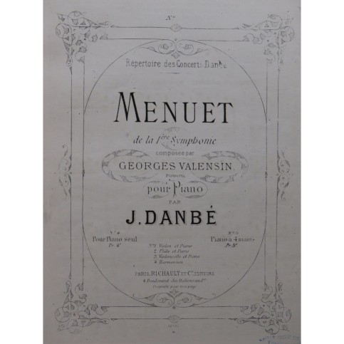 VALENSIN G. Menuet de la 1ère Symphonie Piano 4 mains ca1880