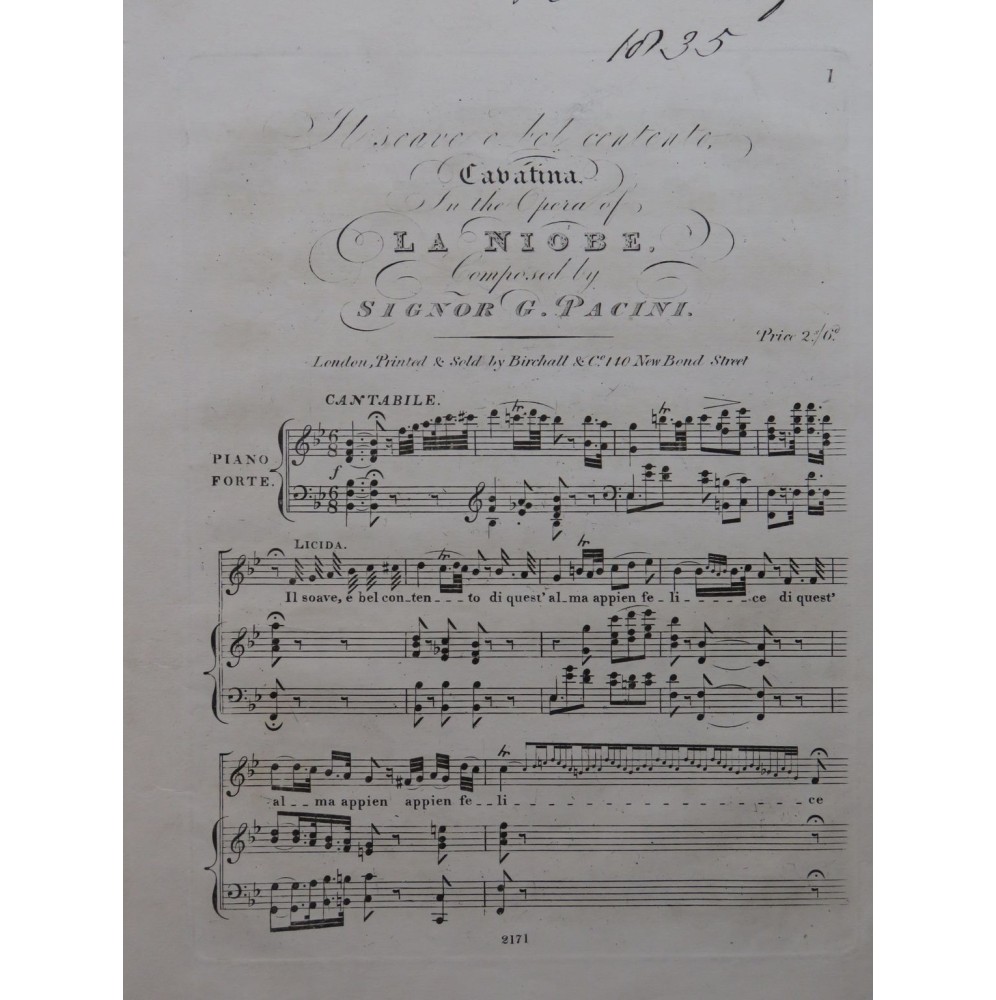 PACINI Giovanni Miscave e bel contento Chant Piano ca1830