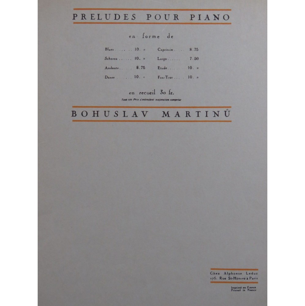 MARTINU Bohuslav Préludes pour Piano 1952