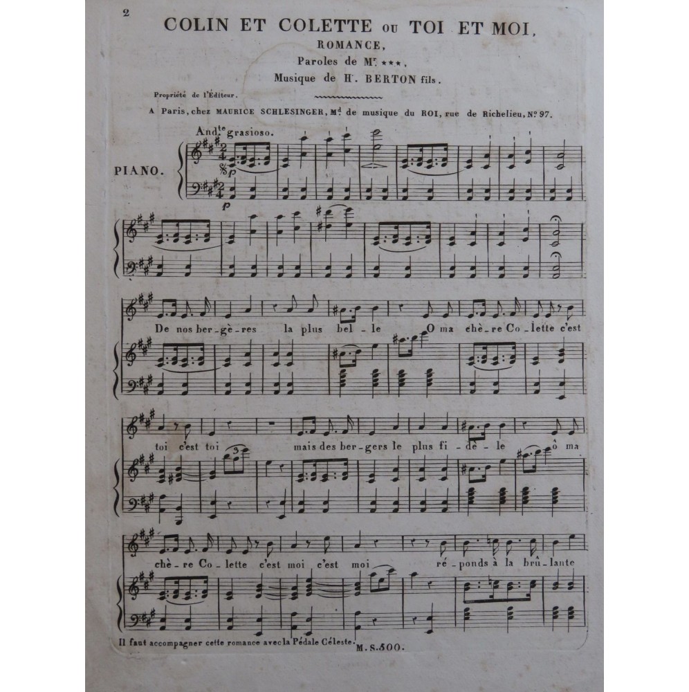BERTON H. Colin et Colette ou Toi et Moi Romance Chant Piano ca1820