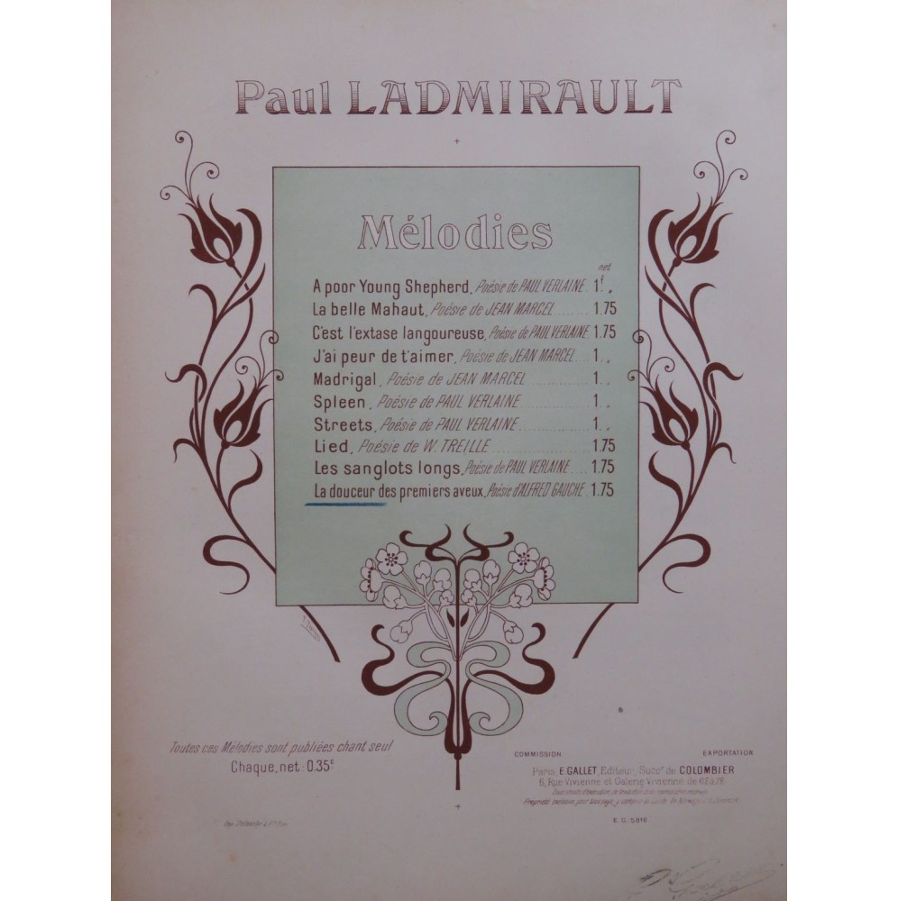 LADMIRAULT Paul La douceur des premiers aveux Chant Piano ca1905