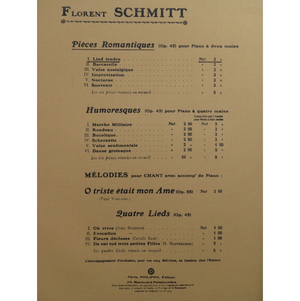 SCHMITT Florent Lied tendre Piano 1913