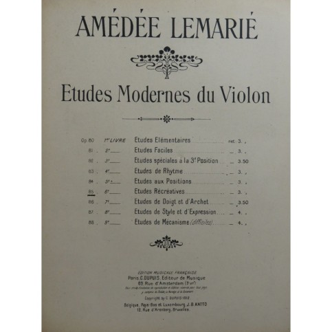 LEMARIÉ Amédée Etudes Récréatives op 85 15 pièces Violon 1929