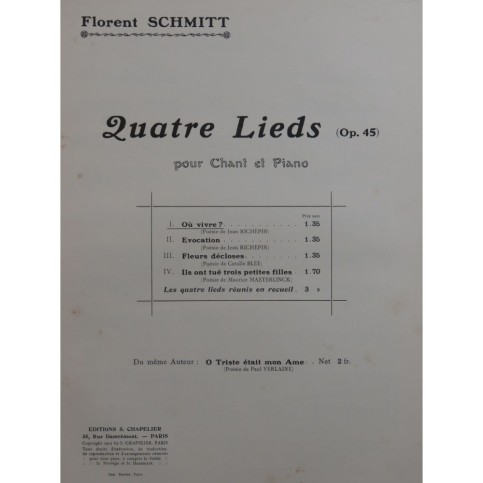 SCHMITT Florent Où vivre ? Chant Piano 1912