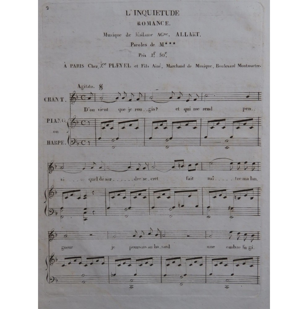 ALLART Ag. L'Inquiétude Chant Piano ou Harpe ca1820