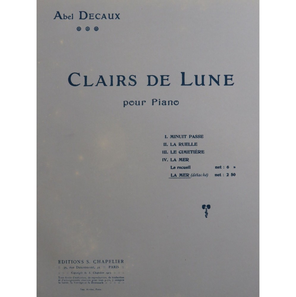 DECAUX Abel Clair de Lune No 4 La Mer Piano 1913