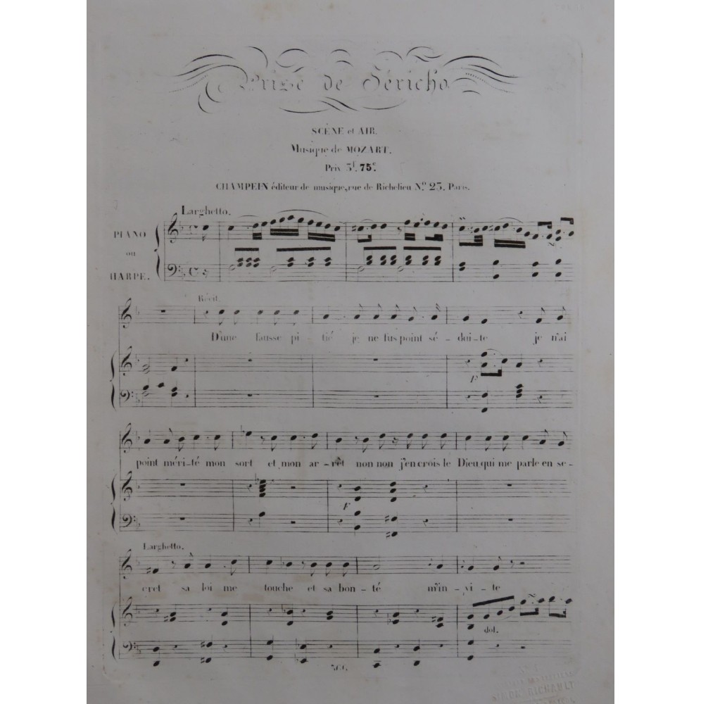 MOZART W. A. Prise de Jéricho Scène et Air Chant Piano ou Harpe ca1820