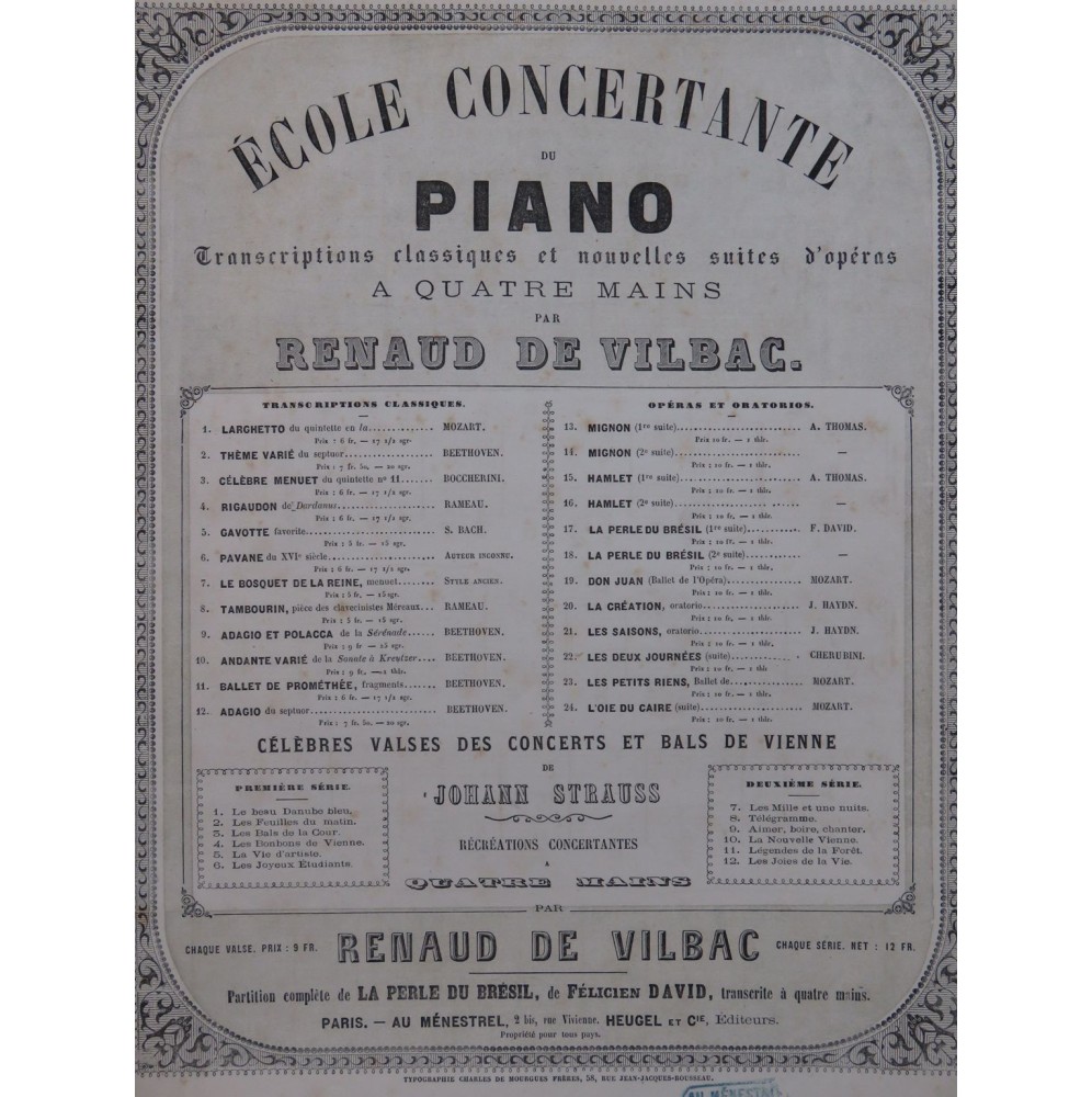 DE VILBAC Renaud Pavane du XVIe siècle Piano 4 mains ca1873