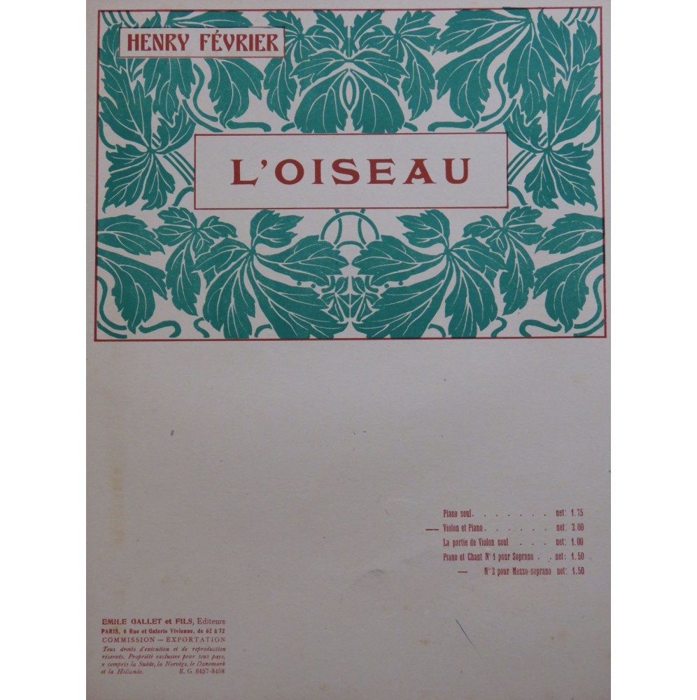FÉVRIER Henry L'Oiseau Piano violon 1930