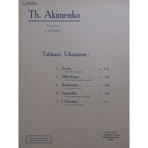 AKIMENKO Th. Tableaux Ukrainiens Svyata Piano 1926