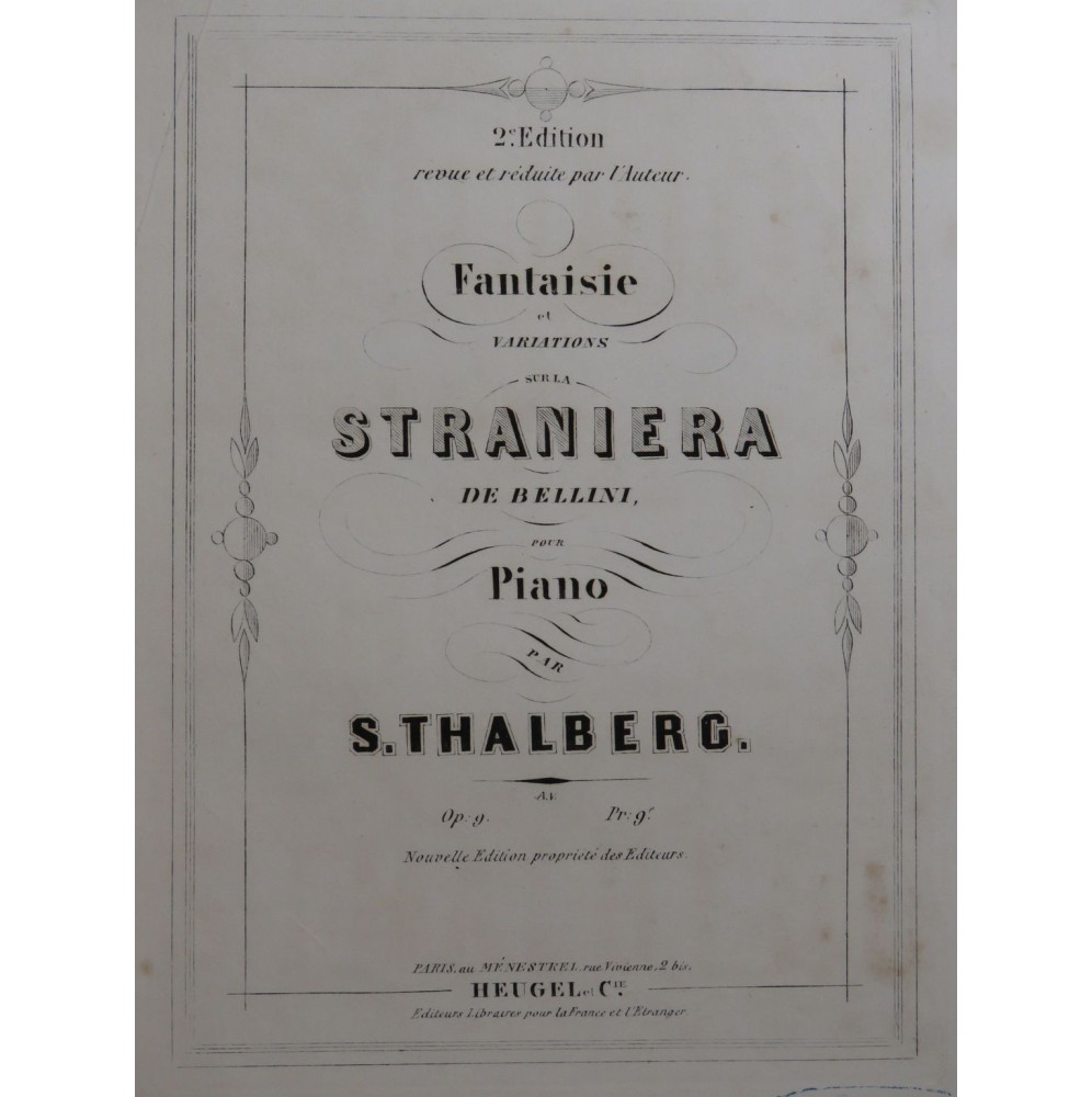 THALBERG S. Fantaisie et Variations Straniera Bellini Piano ca1869