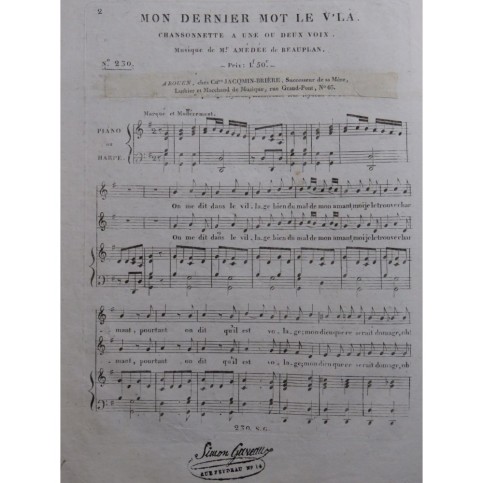 DE BEAUPLAN Amédée Mon dernier mot le V'la Chant Piano ou Harpe ca1820