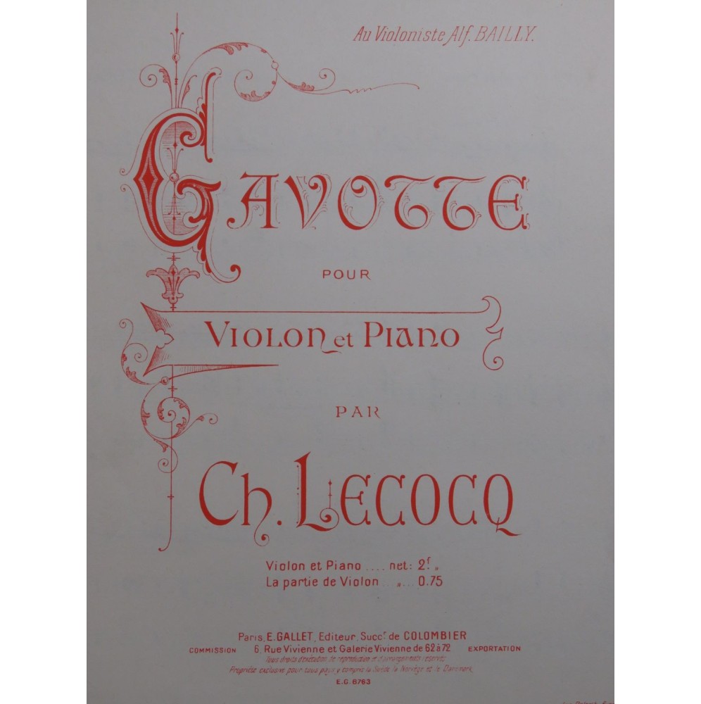 LECOCQ Charles Gavotte Violon Piano 1907