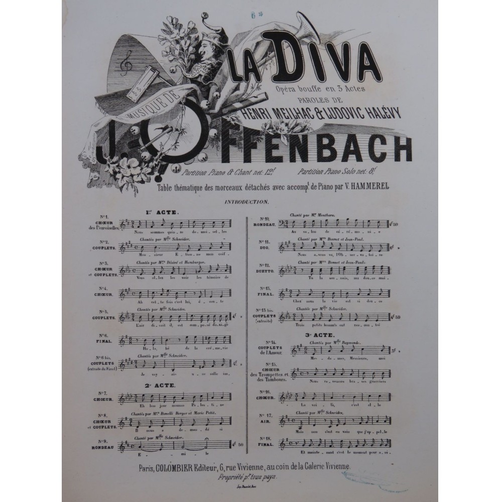 OFFENBACH Jacques La Diva No 6 bis Chant Piano 1869