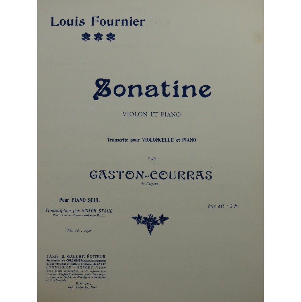 FOURNIER Louis Sonatine Piano Violoncelle ca1910