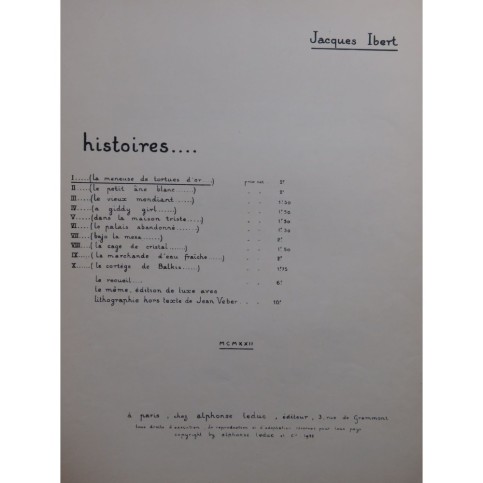 IBERT Jacques La Meneuse de Tortues d'Or Piano 1922