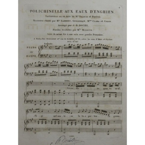 DOCHE J. D. Polichinelle aux Eaux d'Enghien Chant Piano ou Harpe ca1820