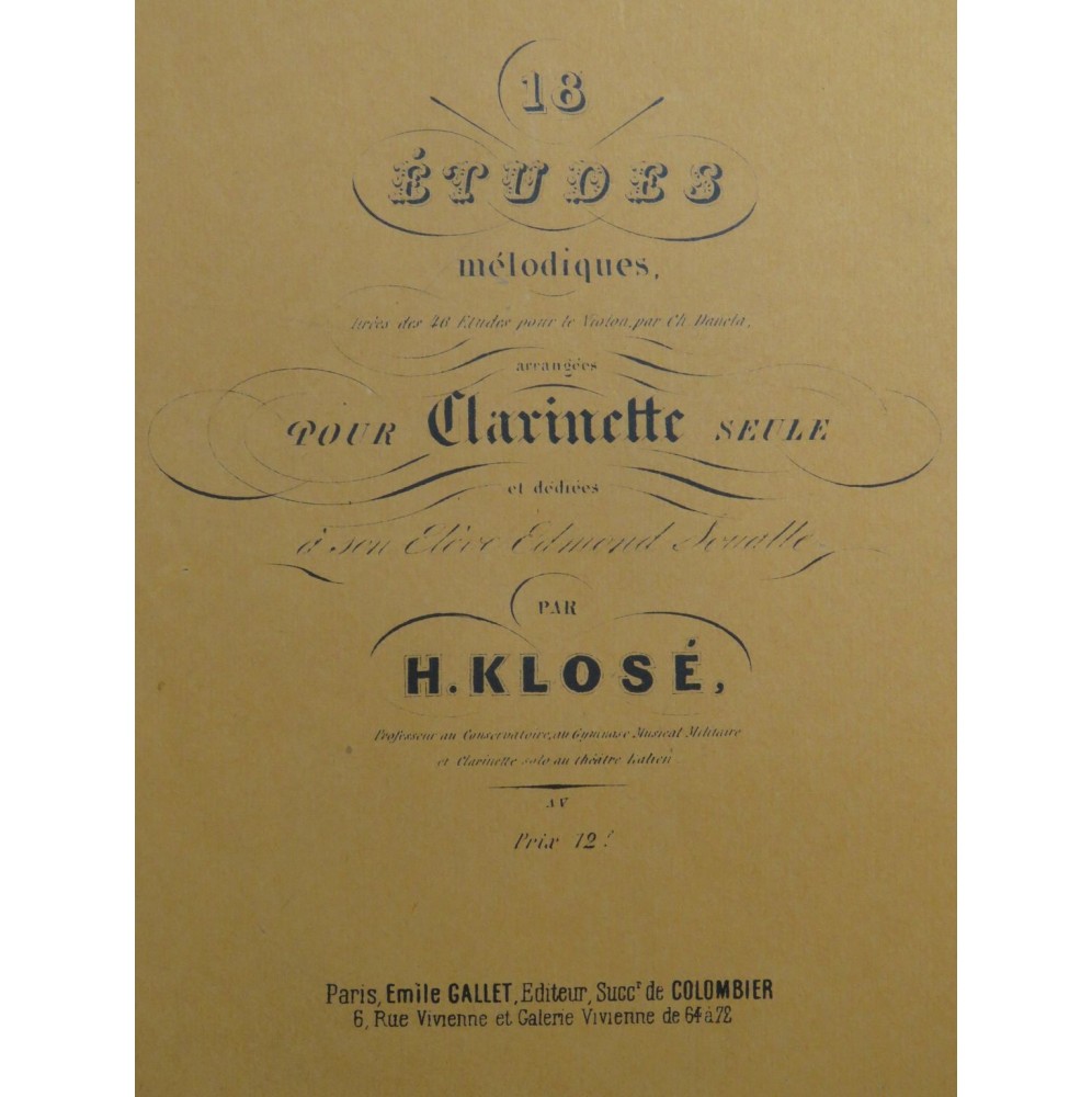 KLOSÉ H. 18 Études Mélodiques Clarinette 1926