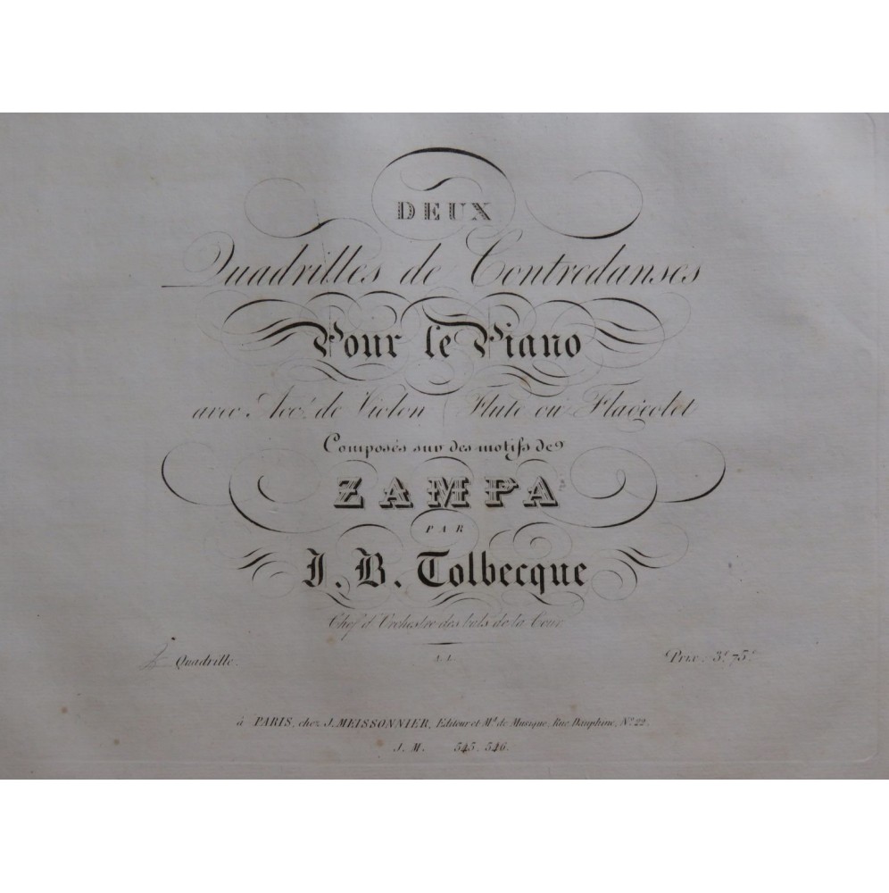 TOLBECQUE J. B. Quadrille No 2 Zampa Piano ca1835