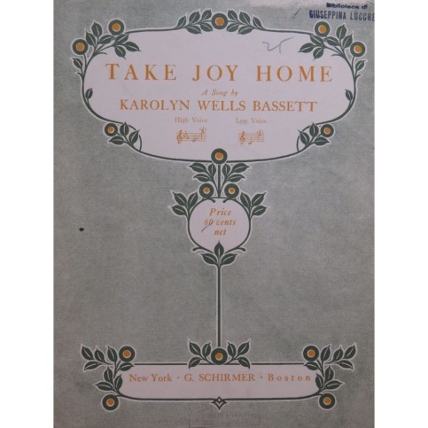 WELLS BASSETT Karolyn Take Joy Home Chant Piano 1921