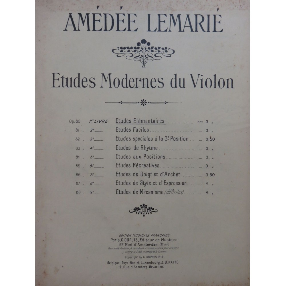 LEMARIÉ Amédée Etudes Elémentaires op 80 Violon 1912