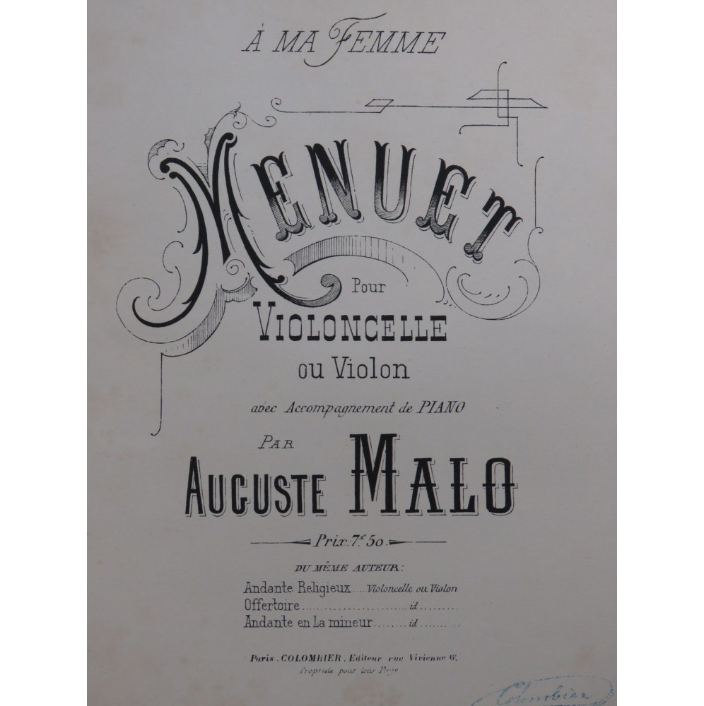 MALO Auguste Menuet Piano Violon Violoncelle ca1888