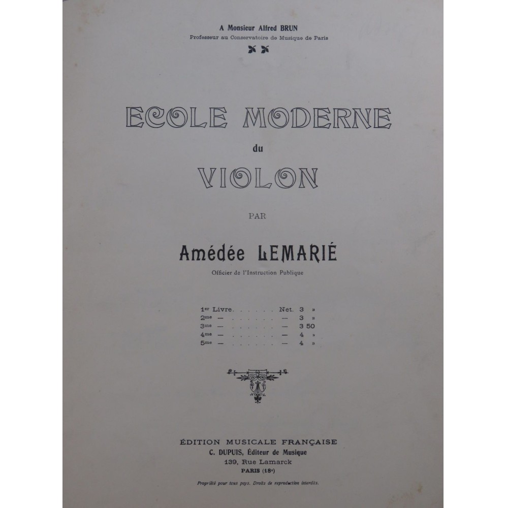 LEMARIÉ Amédée Ecole Moderne Livre No 2 Violon ca1915