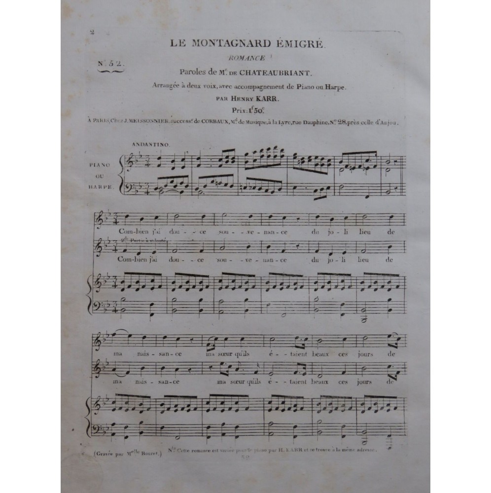KARR Henry Le Montagnard Émigré Chant Piano ou Harpe ca1820