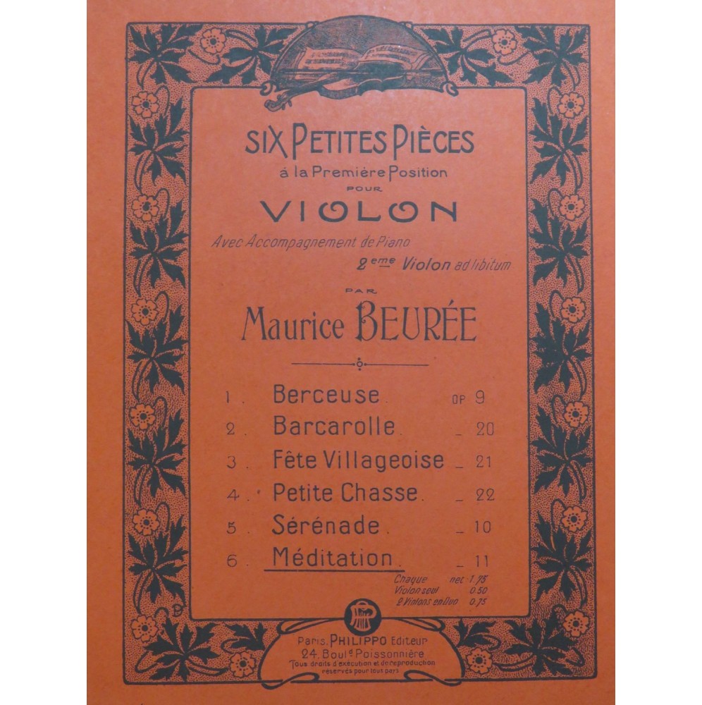 BEURÉE Maurice Méditation Violon Piano ca1913