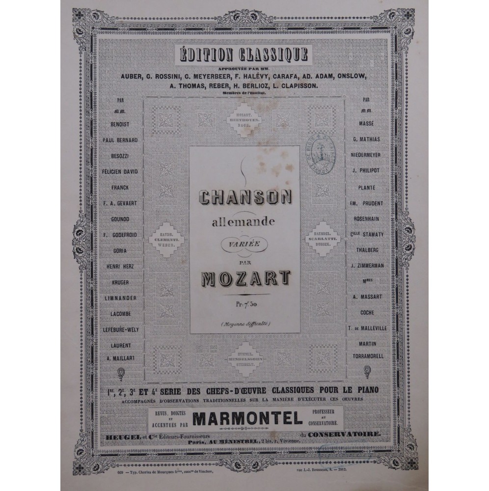 MOZART W. A. Chanson Allemande variée Piano ca1860