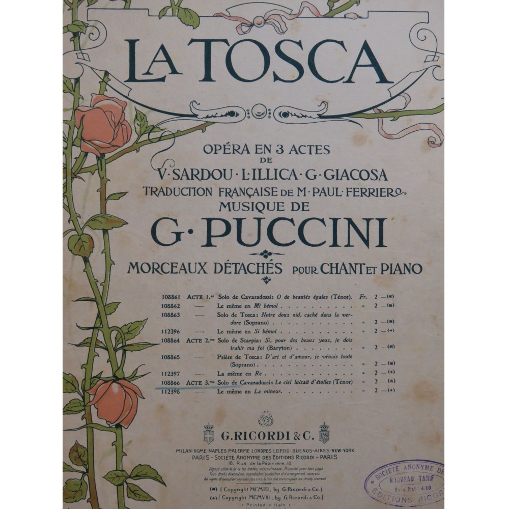 PUCCINI Giacomo La Tosca Solo Cavaradossi Chant Piano 1903