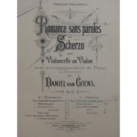 VAN GOENS Daniel Romance sans paroles et Scherzo Piano Violoncelle Alto ca1895