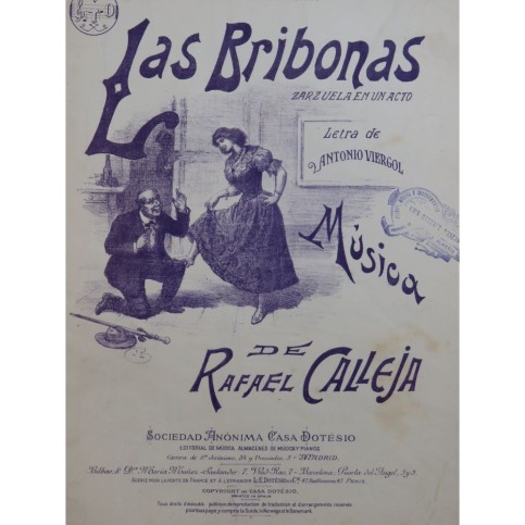 CALLEJA Rafael Las Bribonas Zarzuela No 3 Chant Piano 1908