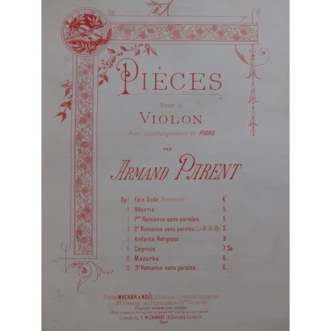 PARENT Armand Romance sans Paroles No 3 Piano Violon 1894