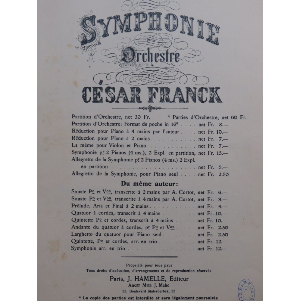 FRANCK César Symphonie Piano 4 mains 1890