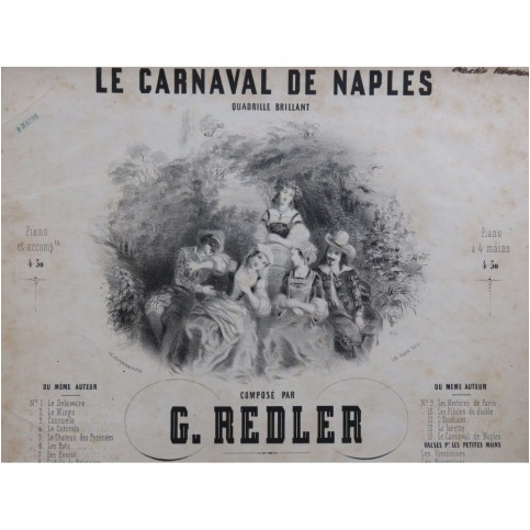 REDLER G. Le Carnaval de Naples Quadrille Piano 4 mains ca1850