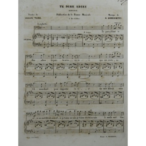 DONIZETTI G. Te Dire Adieu Romance Chant Piano ca1840