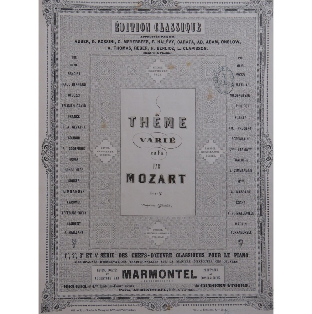 MOZART W. A. Thême Varié en Fa Piano ca1870