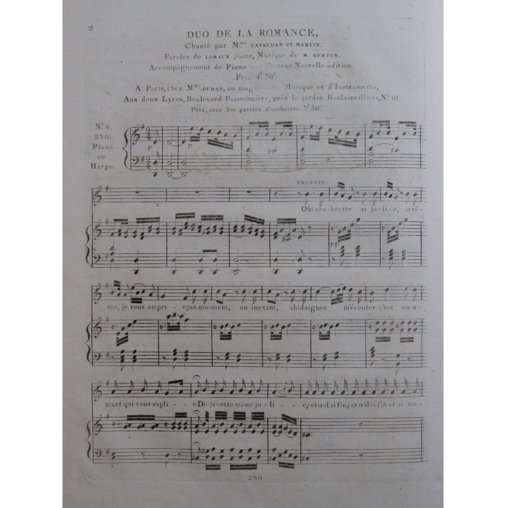 BERTON H. Duo de la Romance Chant Piano Harpe ca1820