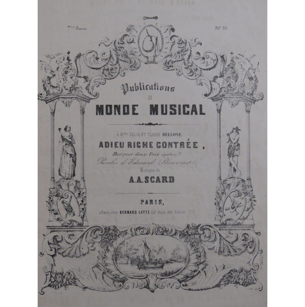 SCARD A. A. Adieu Riche Contrée Chant Piano ca1840